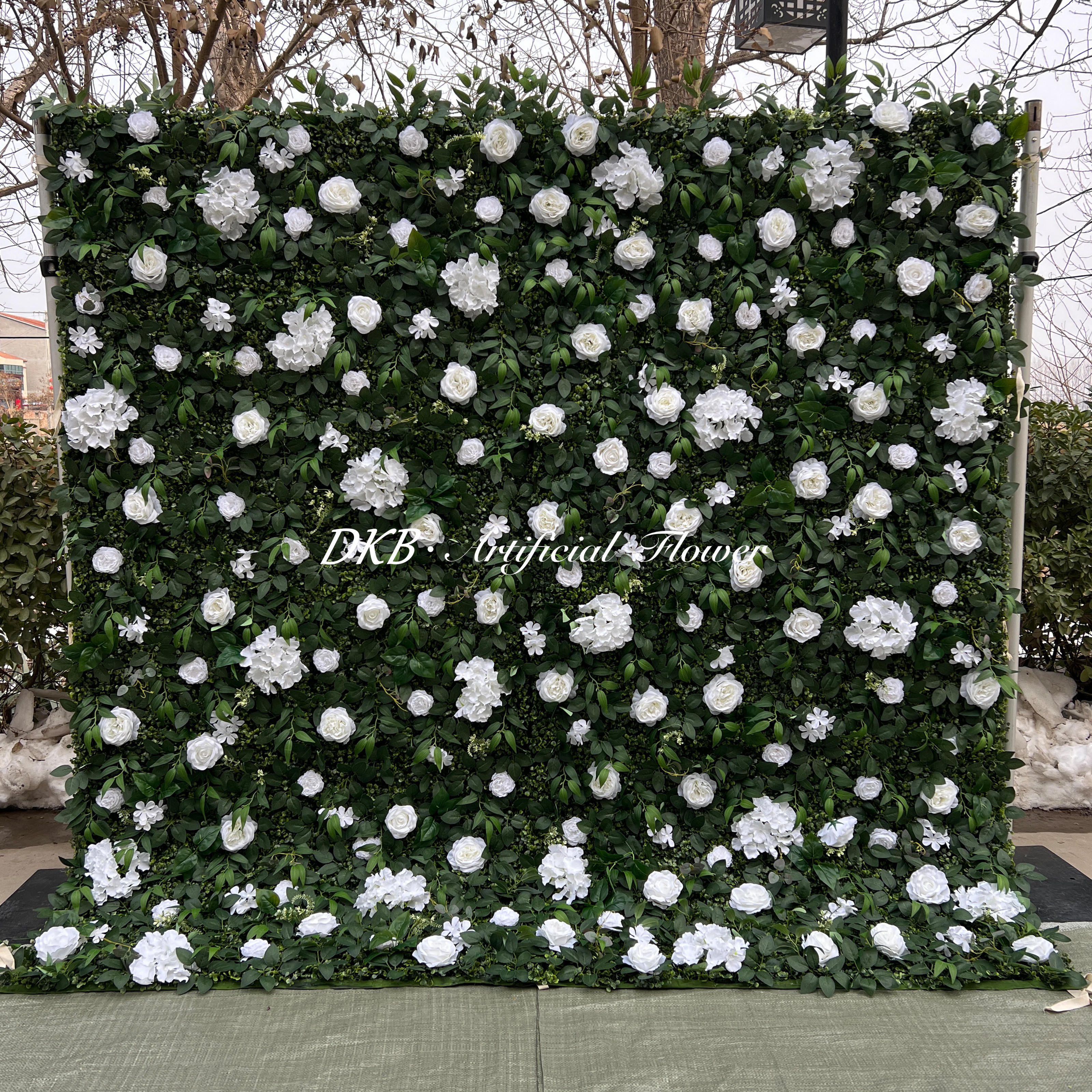 DKB Artificial Flowers economic wholesale 3d wedding party 8ft x 8ft white flower green wall for wedding decor