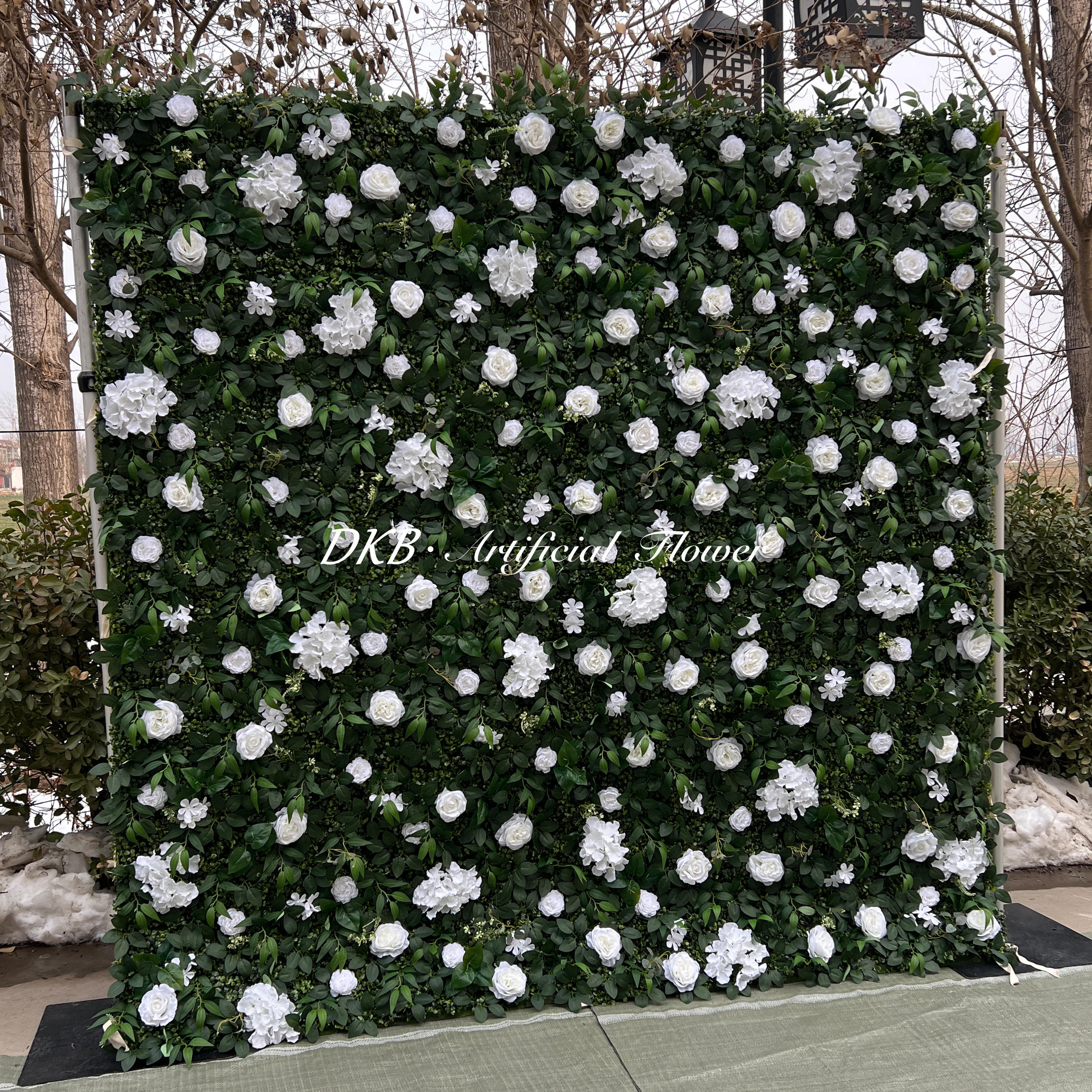 DKB Artificial Flowers economic wholesale 3d wedding party 8ft x 8ft white flower green wall for wedding decor