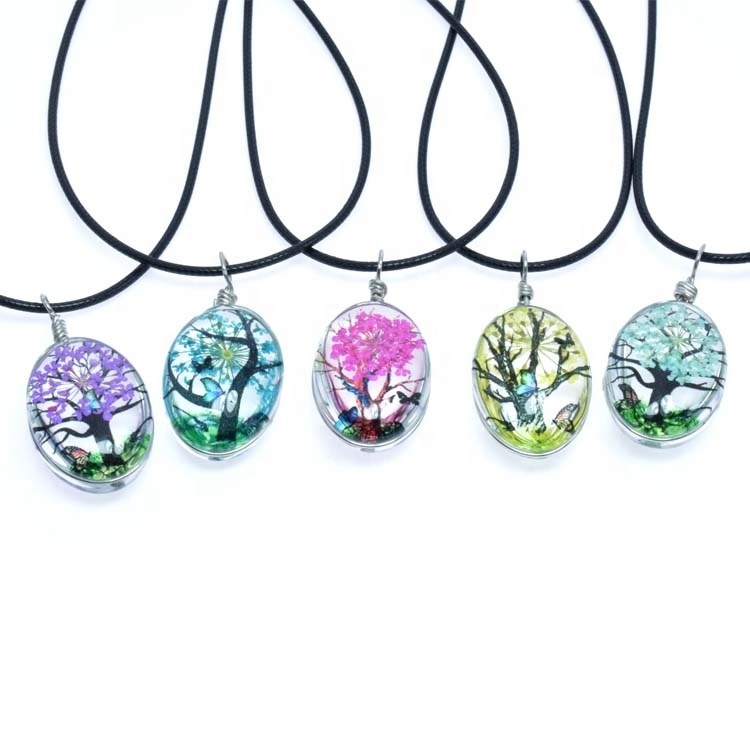 Hotest necklace High quality glass pendent with black cord necklace dry flower necklace