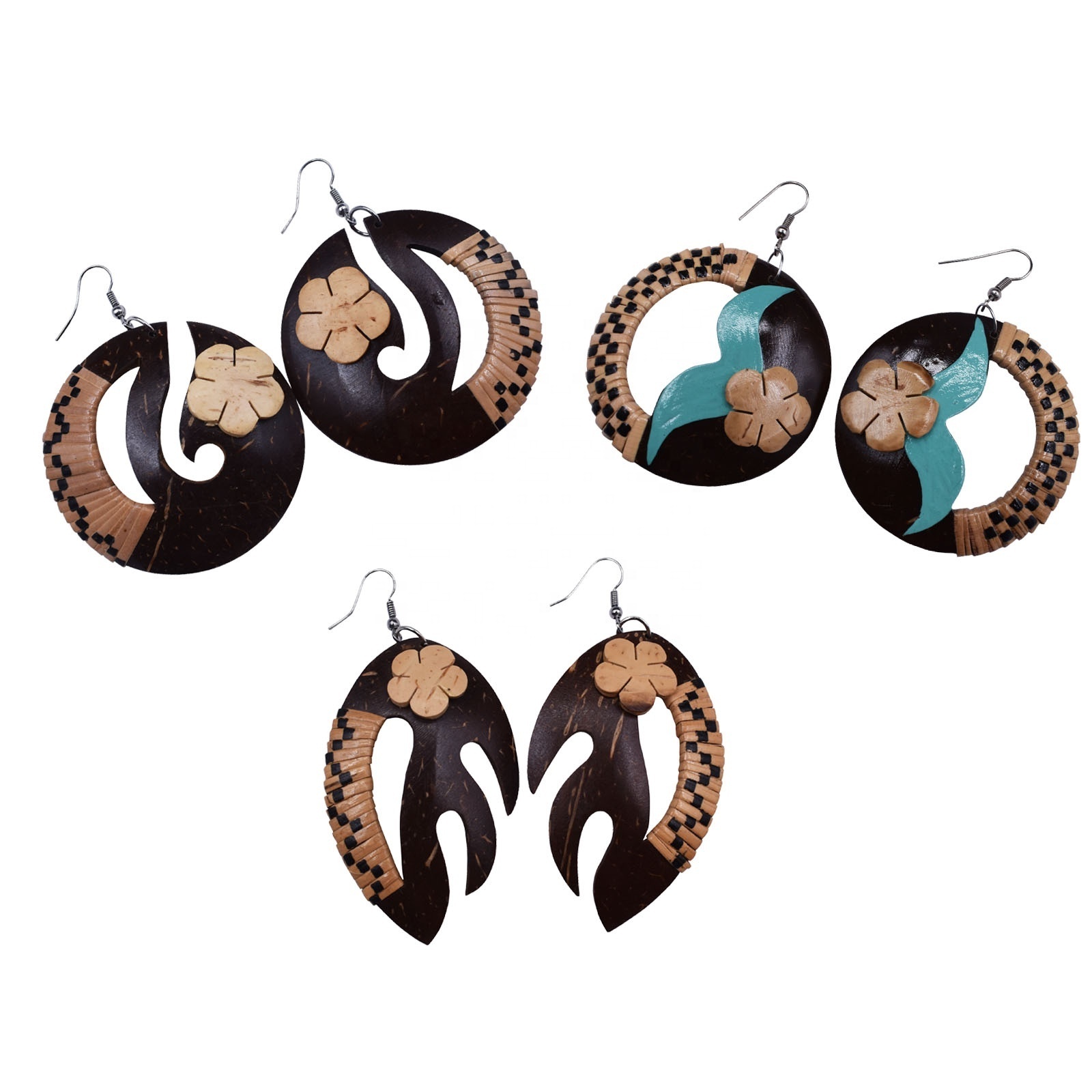 Fashion Women Geometric Hawaiian Jewelry Wholesale Handmade Carved Natural Wooden Coconut Earrings.