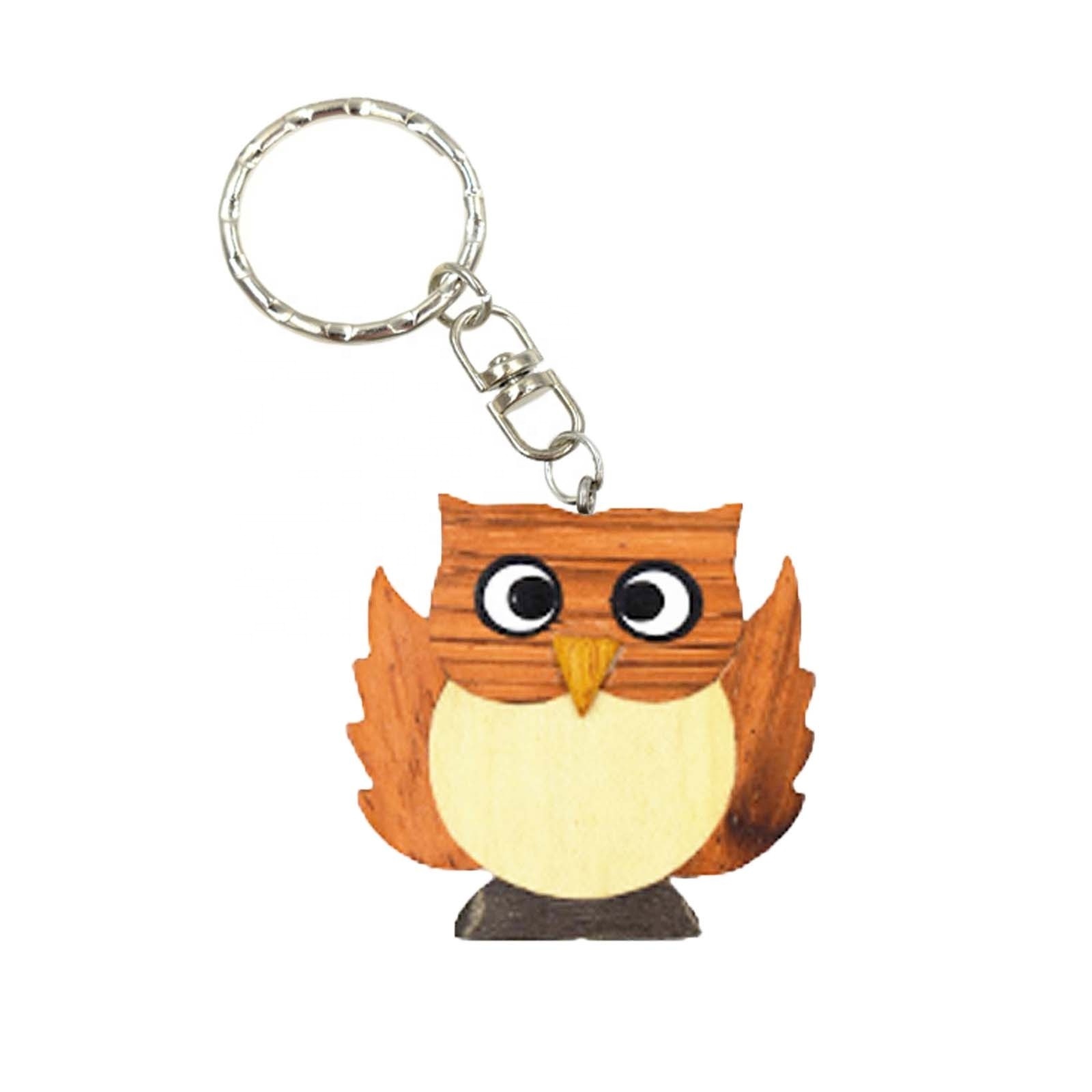 Hot Sale Trendy Wooden Owl Carving Key Chain Customized Hand-painted Logo Key Holder Souvenirs