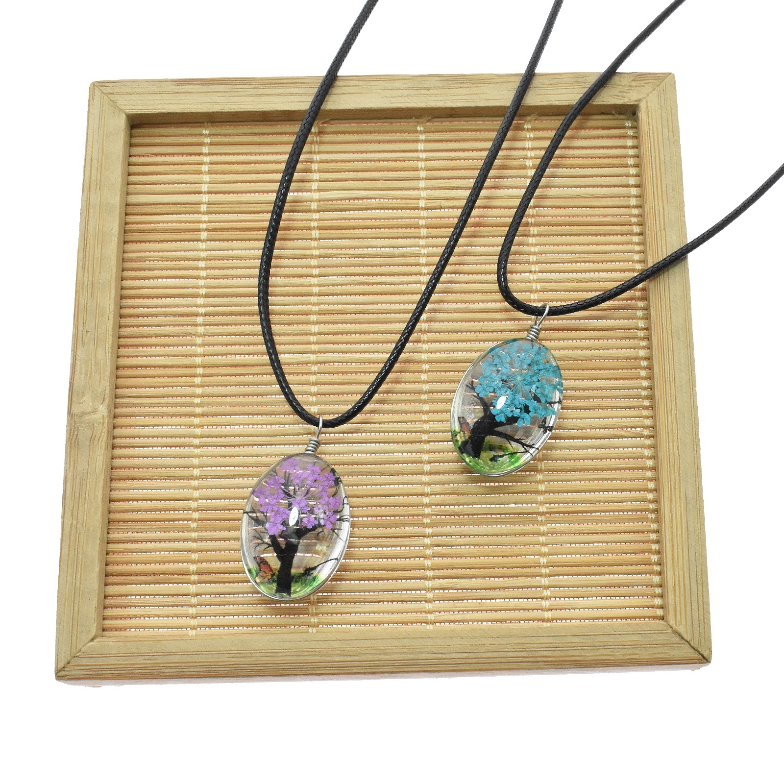 Hotest necklace High quality glass pendent with black cord necklace dry flower necklace