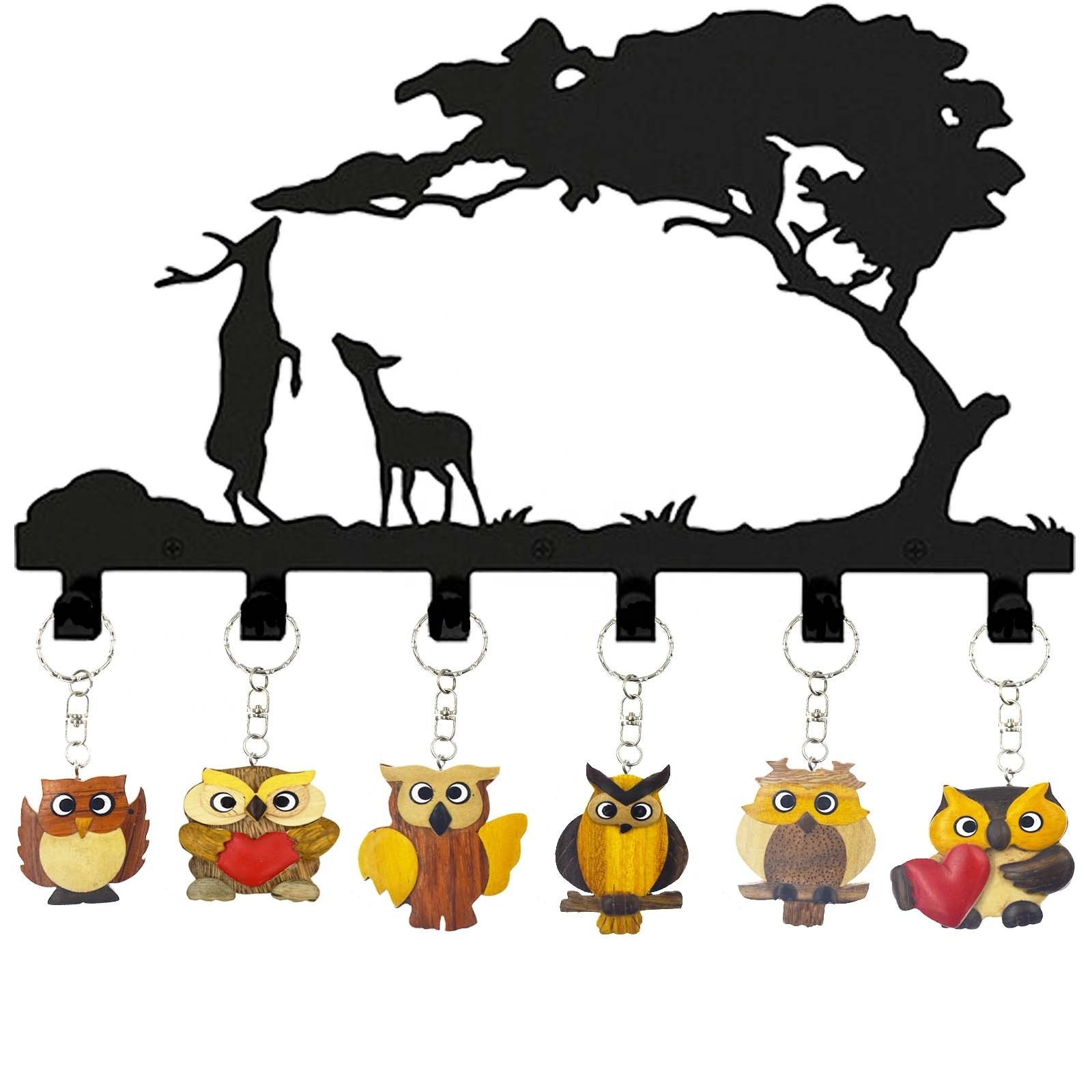 Hot Sale Trendy Wooden Owl Carving Key Chain Customized Hand-painted Logo Key Holder Souvenirs