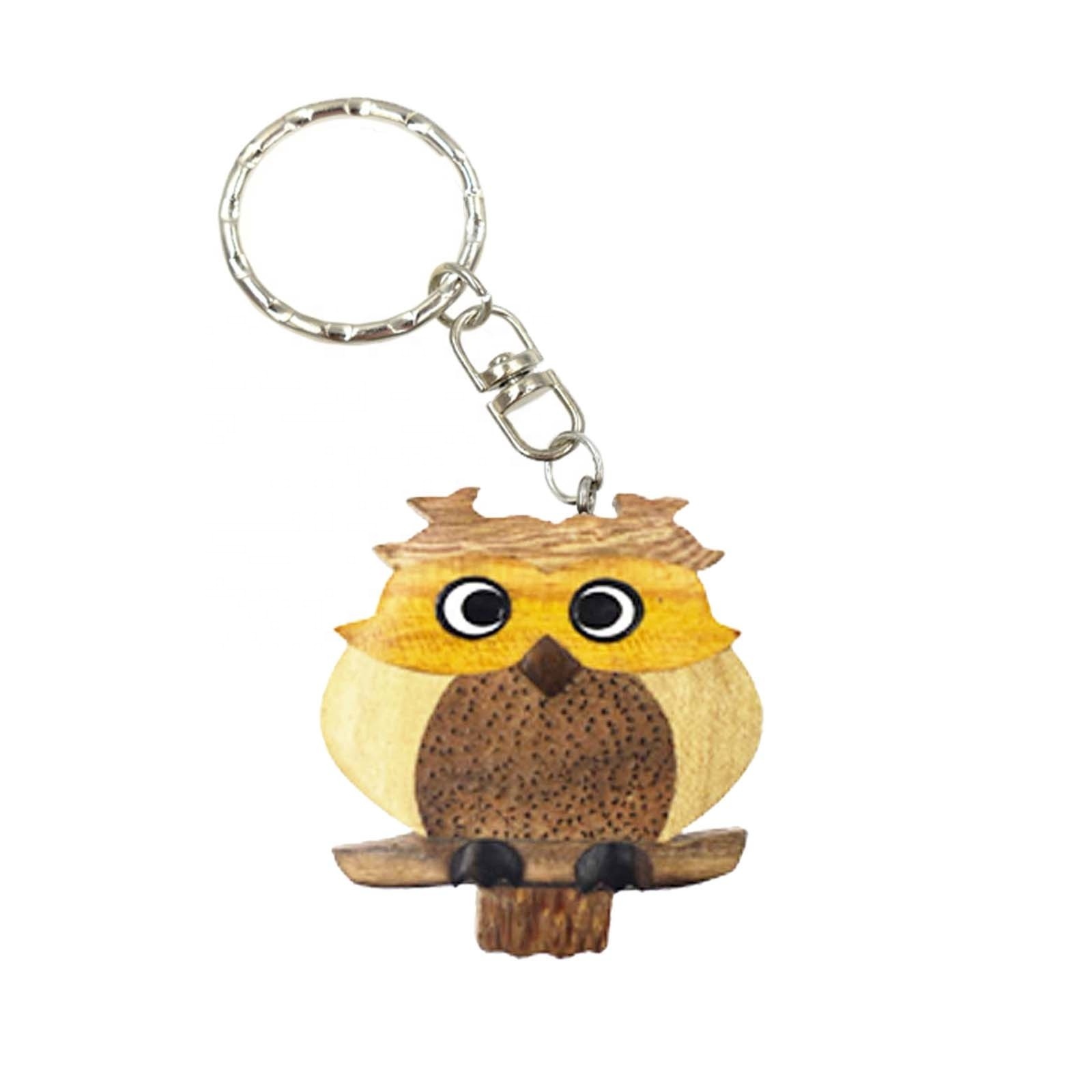 Hot Sale Trendy Wooden Owl Carving Key Chain Customized Hand-painted Logo Key Holder Souvenirs