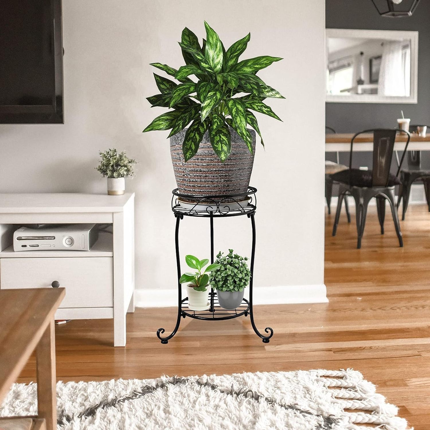 2 Tier Plant Stand Tall Metal Potted Holder Rack Indoor Outdoor Flower Pot Shelf for Patio Balcony Corner Garden Black