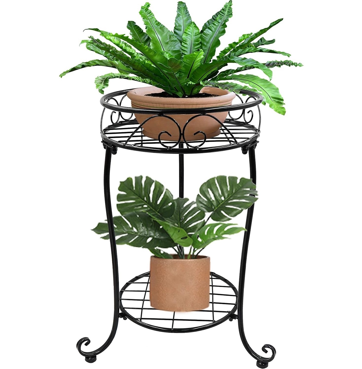 2 Tier Plant Stand Tall Metal Potted Holder Rack Indoor Outdoor Flower Pot Shelf for Patio Balcony Corner Garden Black