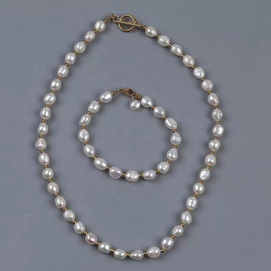 New Design 7-8mm Handmade Freshwater Baroque Pearl Fashion Necklace Bracelet Jewelry Set