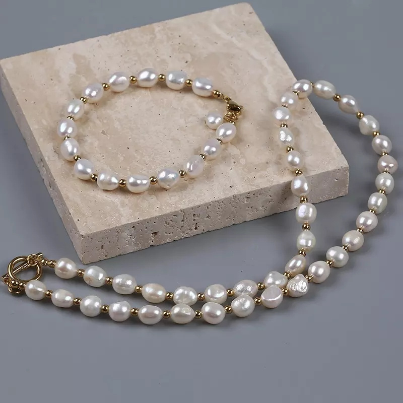 New Design 7-8mm Handmade Freshwater Baroque Pearl Fashion Necklace Bracelet Jewelry Set