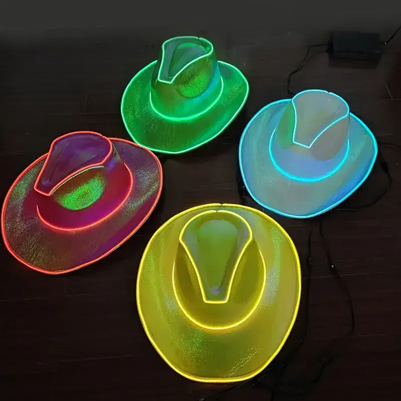 Western Style Cowboy Hat Men Colorful LED Rainbow Light Up Holographic Led Flashing Iridescent Pink Hat Women Cowgirl Cowboy Hat