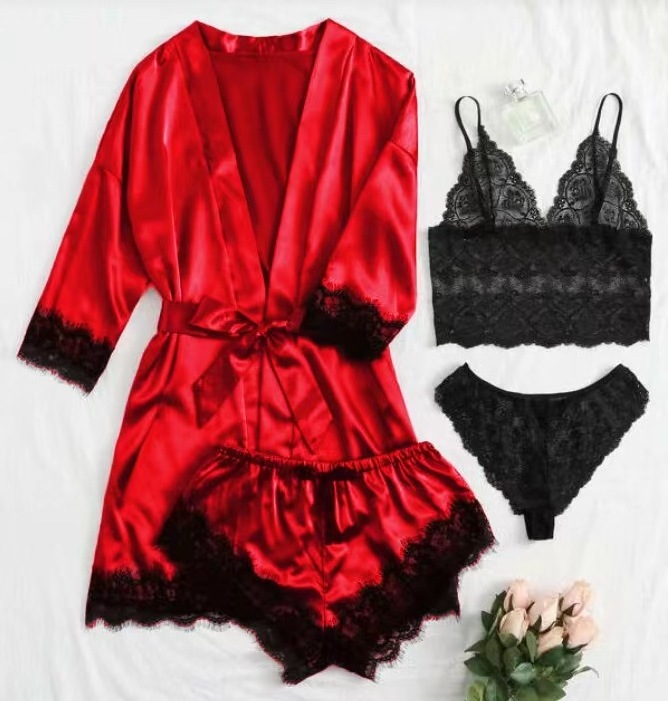 2024 Wholesale Long Sleeve Silk 4 Piece Satin Sleepwear Pajamas Sets For Women Sexy Sleepwear for Female