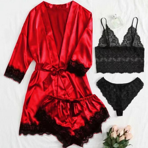 2024 Wholesale Long Sleeve Silk 4 Piece Satin Sleepwear Pajamas Sets For Women Sexy Sleepwear for Female