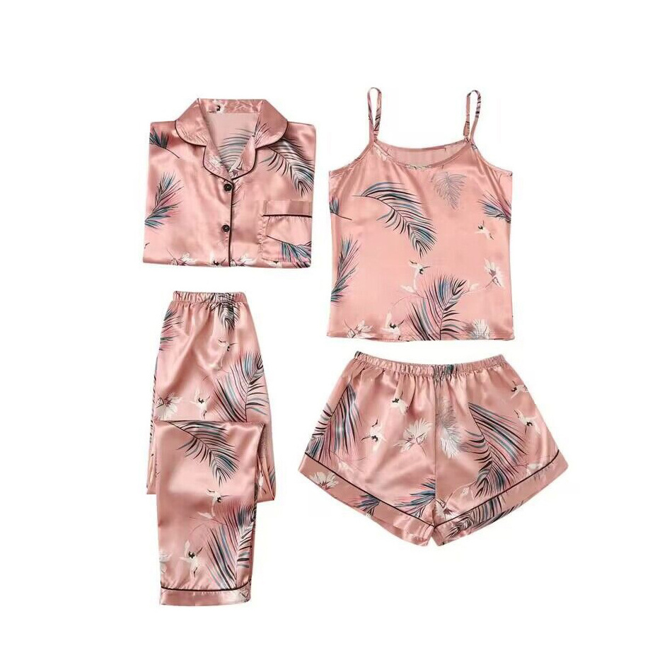 DKKtech Printing Girl Summer Spring Short Cartoon Viscose fibre Sleepwear 4 piece Set Tshirt Pyjama Nightgowns Women Pajamas