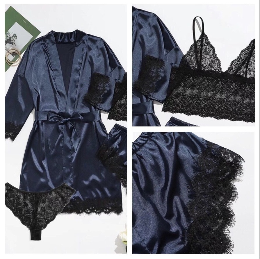 2024 Wholesale Long Sleeve Silk 4 Piece Satin Sleepwear Pajamas Sets For Women Sexy Sleepwear for Female