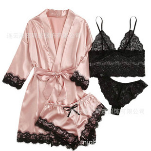 2024 Wholesale Long Sleeve Silk 4 Piece Satin Sleepwear Pajamas Sets For Women Sexy Sleepwear for Female