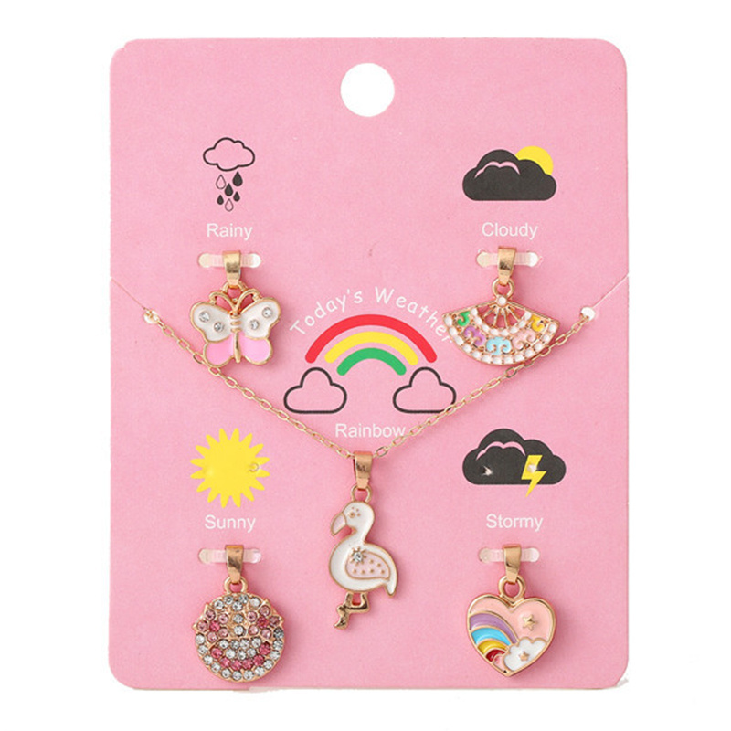 Wholesalers Fashion Jewelry Children Necklaces Rainbow 5 Pendant Enamel Heart Charm Necklace for Kids