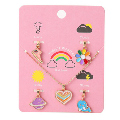 Wholesalers Fashion Jewelry Children Necklaces Rainbow 5 Pendant Enamel Heart Charm Necklace for Kids