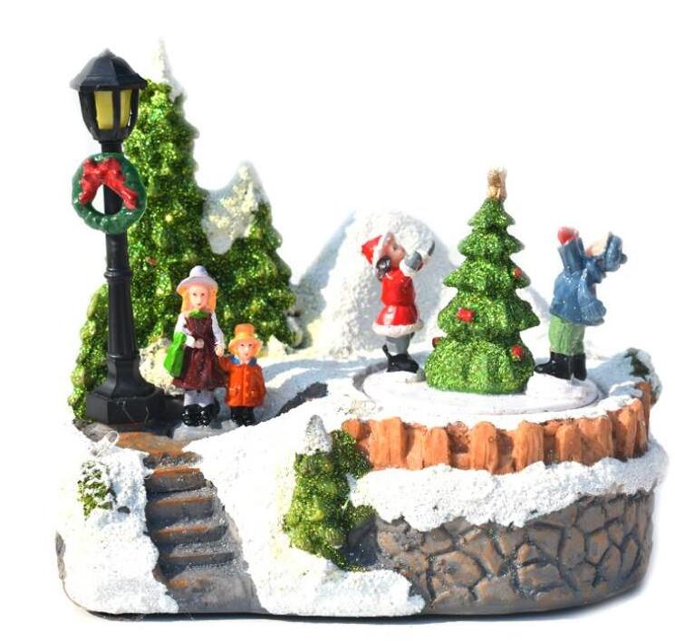 resin decoration music people trees snow christmas village houses led light set