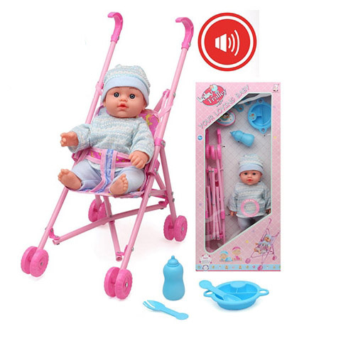 Child Infant 15 Inch Baby Cotton Body Vinyl Doll Toy Hands Feet With Tableware Components Plastic Cart Trolley With Ic Toys Kids