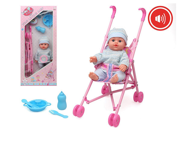 Child Infant 15 Inch Baby Cotton Body Vinyl Doll Toy Hands Feet With Tableware Components Plastic Cart Trolley With Ic Toys Kids