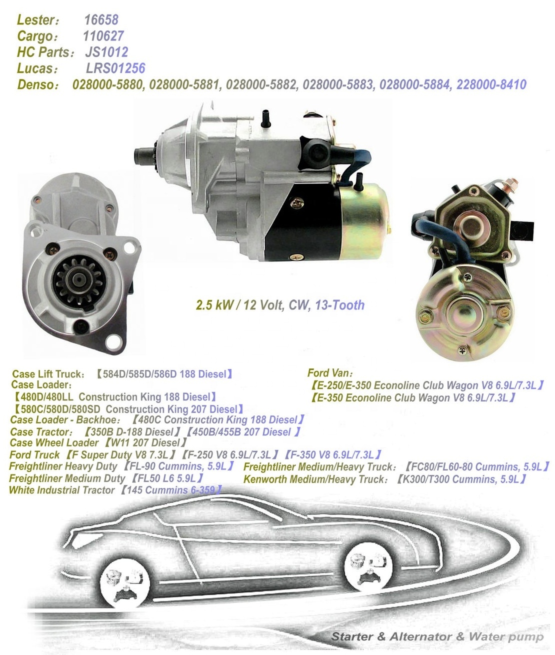 16658,  028000-5880, 110627, Starter, 2.5 kW / 12 Volt, CW, 13-Tooth