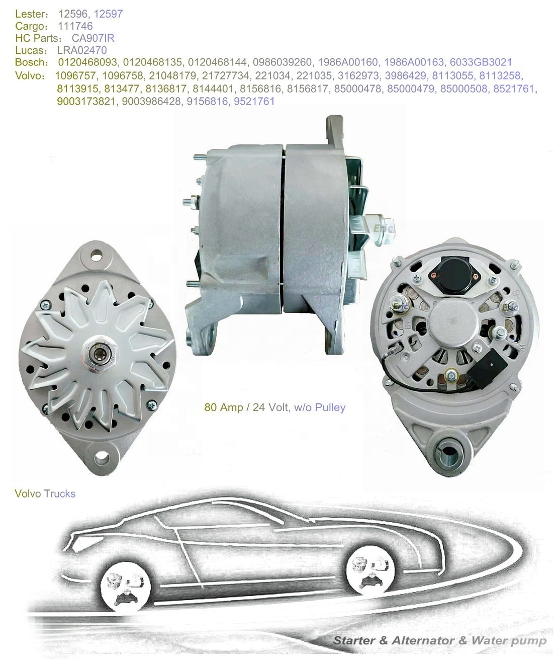 12596, 12597, 1096757, 0120468093, 80 Amp / 24 Volt, w/o Pulley, Alternator