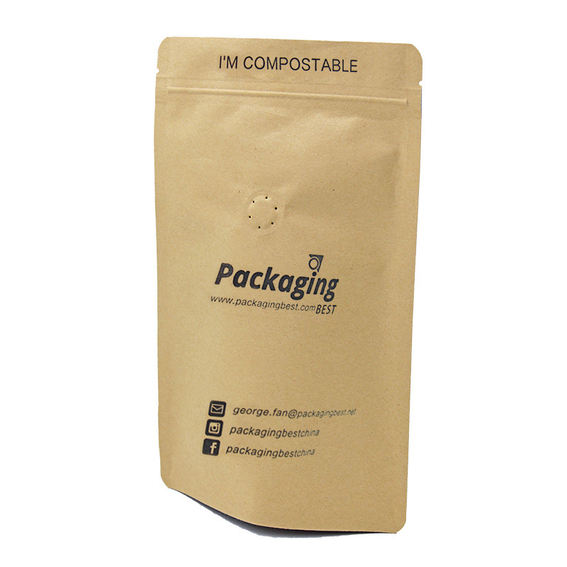 Custom Printed Eco Friendly Biodegradable Kraft Paper Bag Food Grade Packaging Pouch Home Compostable Food Packaging Bag