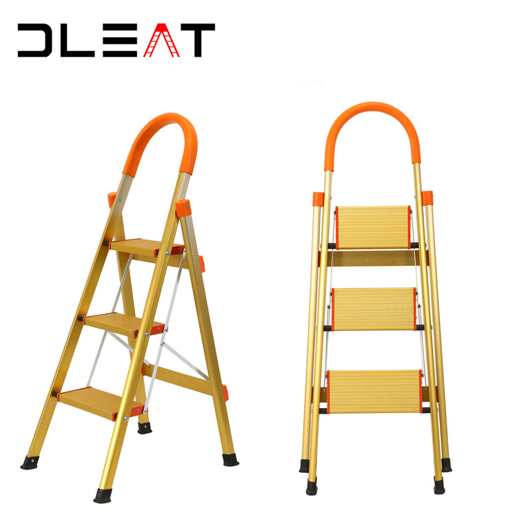 Gold color 3 step stairs Folding design aluminium household folding ladder from ladder manufacture