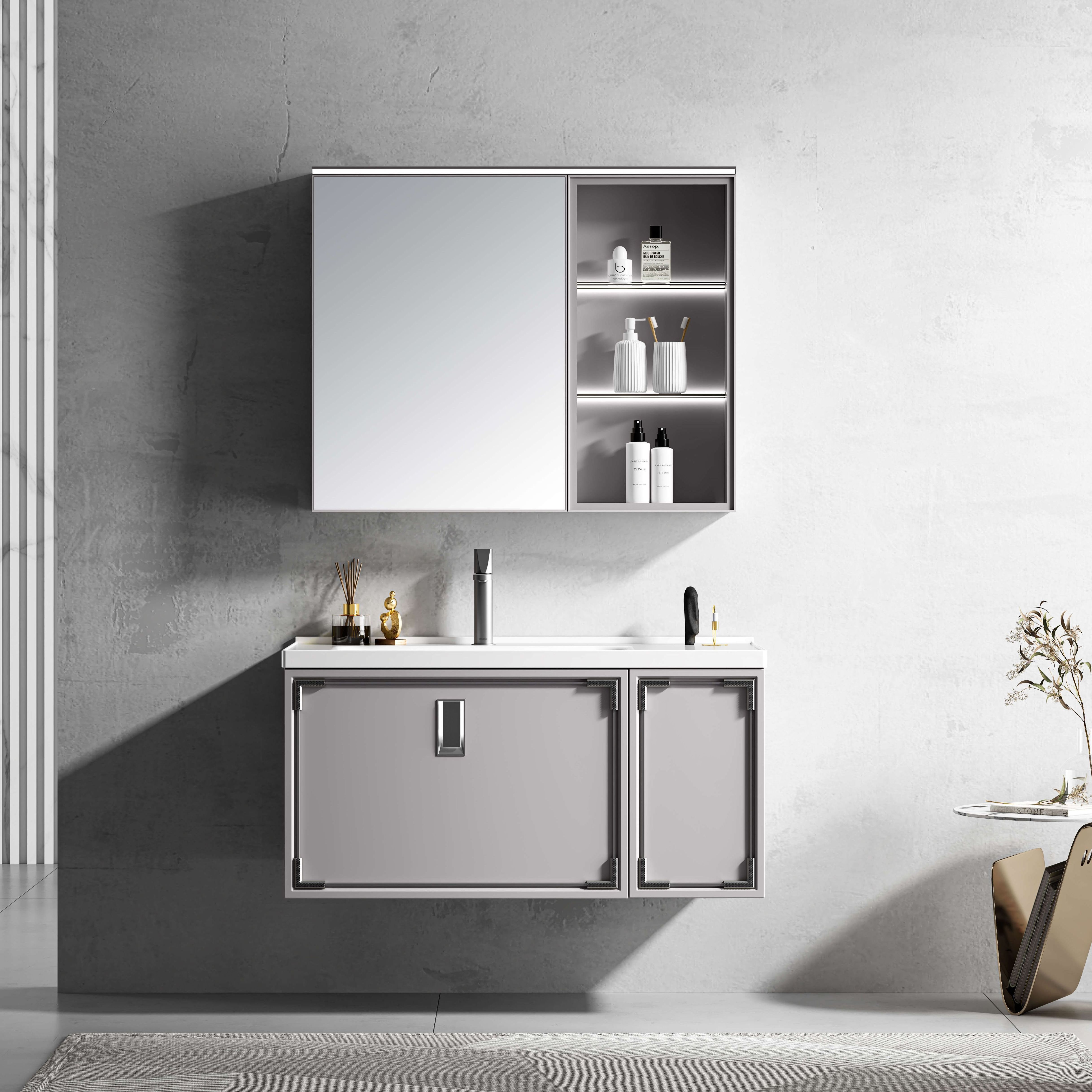 39 inch Grey PVC on Wall Modern Fashion Bathroom Mirrored Cabinet 100cm Wall Mounted Cabinets and Vanities