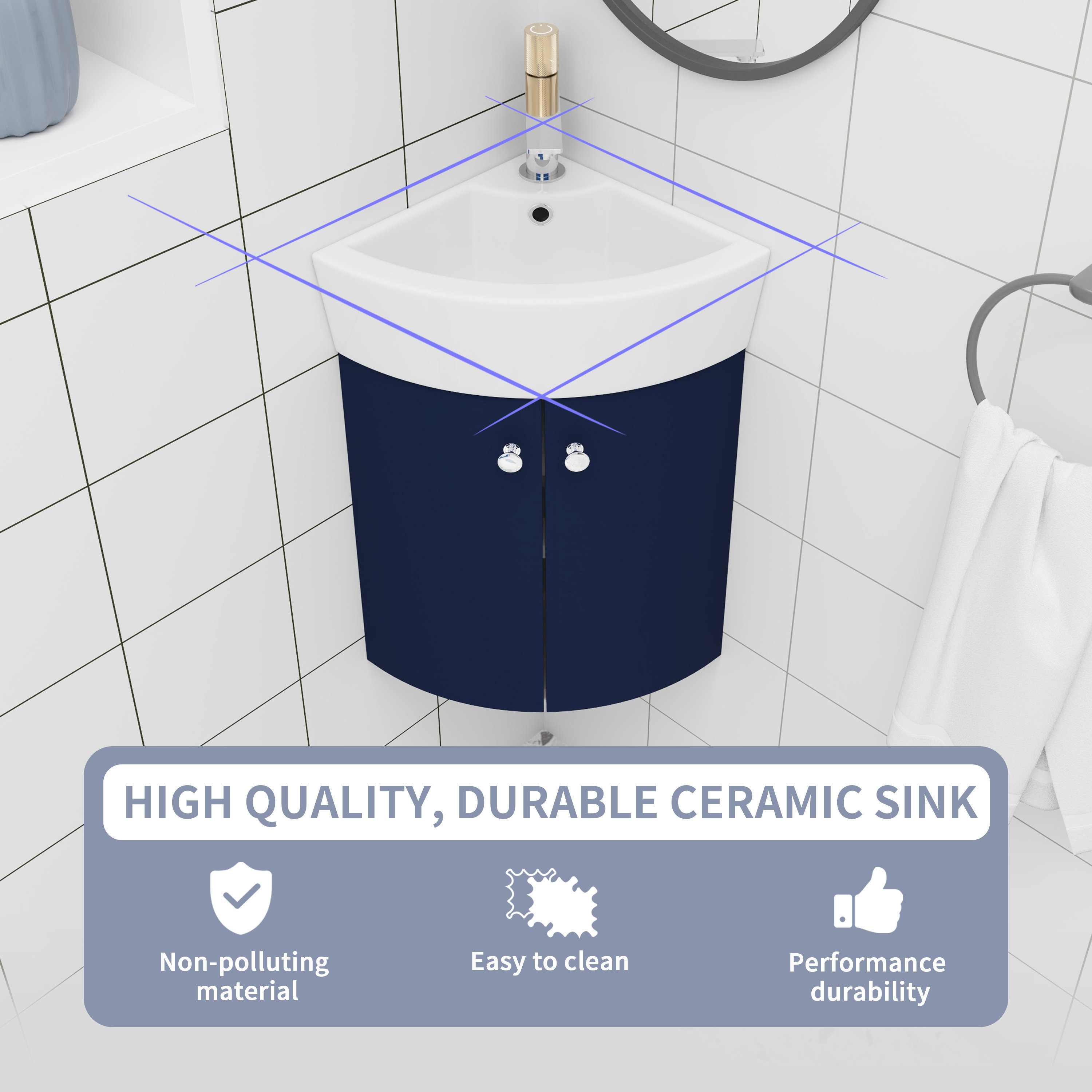 13 inch Inexpensive Blue Corner Bathroom Vanity with Ceramic Sink 33cm Wall Mounted Cabinet Set