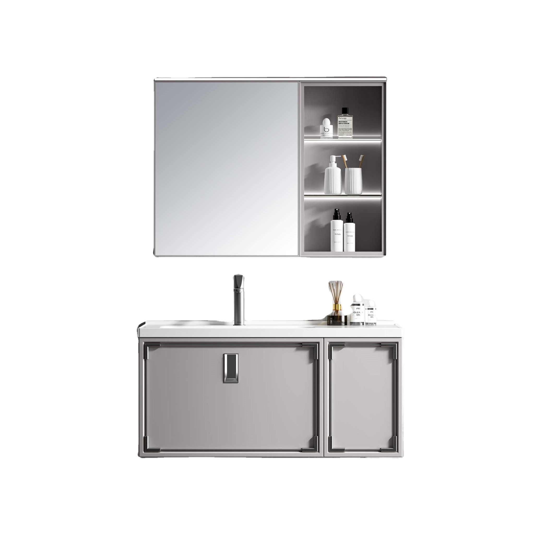 39 inch Grey PVC on Wall Modern Fashion Bathroom Mirrored Cabinet 100cm Wall Mounted Cabinets and Vanities