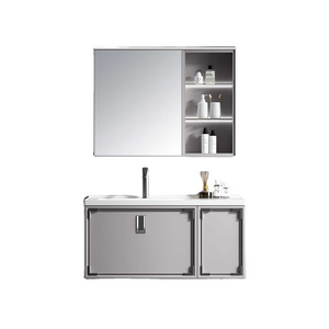 39 inch Grey PVC on Wall Modern Fashion Bathroom Mirrored Cabinet 100cm Wall Mounted Cabinets and Vanities