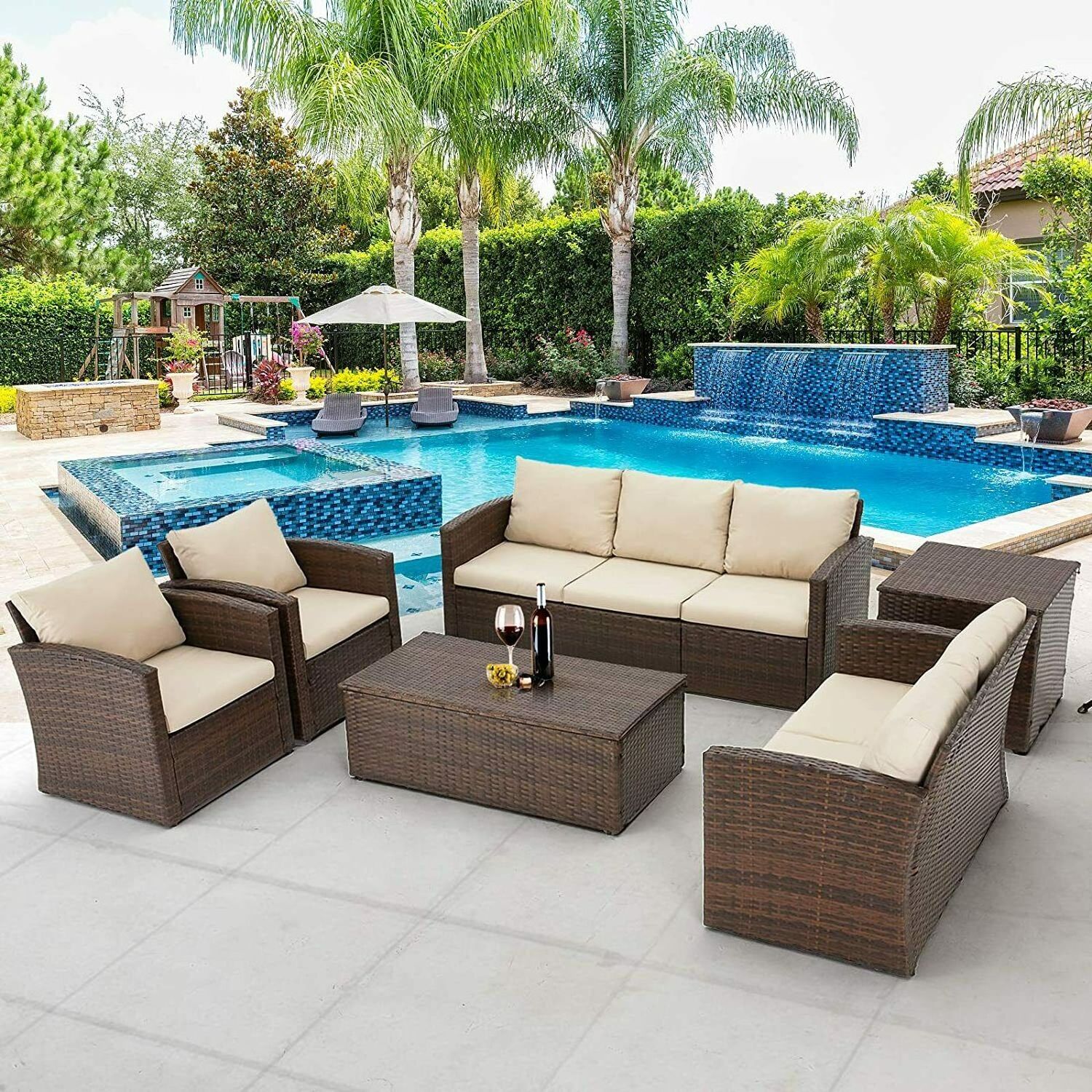 OUTDOOR WICKER CONVERSATION SET WITH GREY CUSHIONS - LOVESEAT, TWO SWIVEL CHAIRS, SIDE TABLE & GLASS TOP TABLE