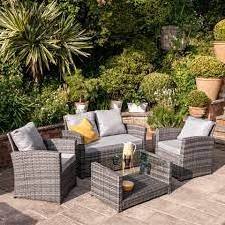 OUTDOOR WICKER CONVERSATION SET WITH GREY CUSHIONS - LOVESEAT, TWO SWIVEL CHAIRS, SIDE TABLE & GLASS TOP TABLE