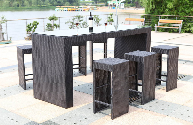 7 PCS - Rattan Furniture Sets Patio Bar Wicker Sectional Sofa Modular Outdoor Conversation Bar Set With Glass Table