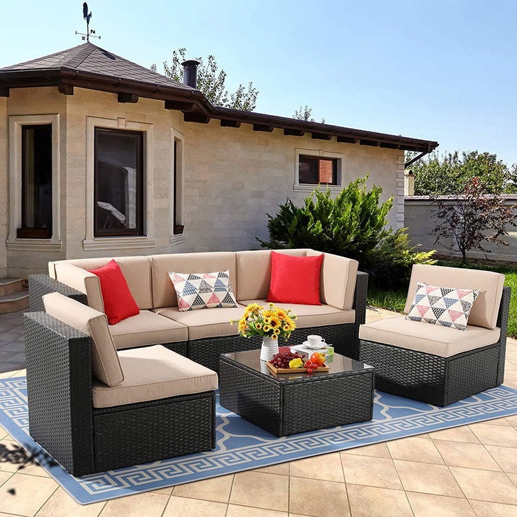 6 PIECE SMALL PATIO FURNITURE SETS, OUTDOOR SECTIONAL SOFA ALL WEATHER PE WICKER PATIO SOFA COUCH GARDEN BACKYARD CONVERSATION.