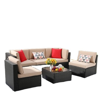 6 PIECE SMALL PATIO FURNITURE SETS, OUTDOOR SECTIONAL SOFA ALL WEATHER PE WICKER PATIO SOFA COUCH GARDEN BACKYARD CONVERSATION.