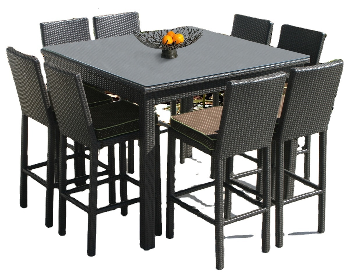 Indoor Outdoor Wicker Dining Set Furniture, Patio Rattan Furniture Set with Glass Table and Stackable Armrest Chairs