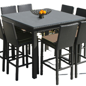 Indoor Outdoor Wicker Dining Set Furniture, Patio Rattan Furniture Set with Glass Table and Stackable Armrest Chairs