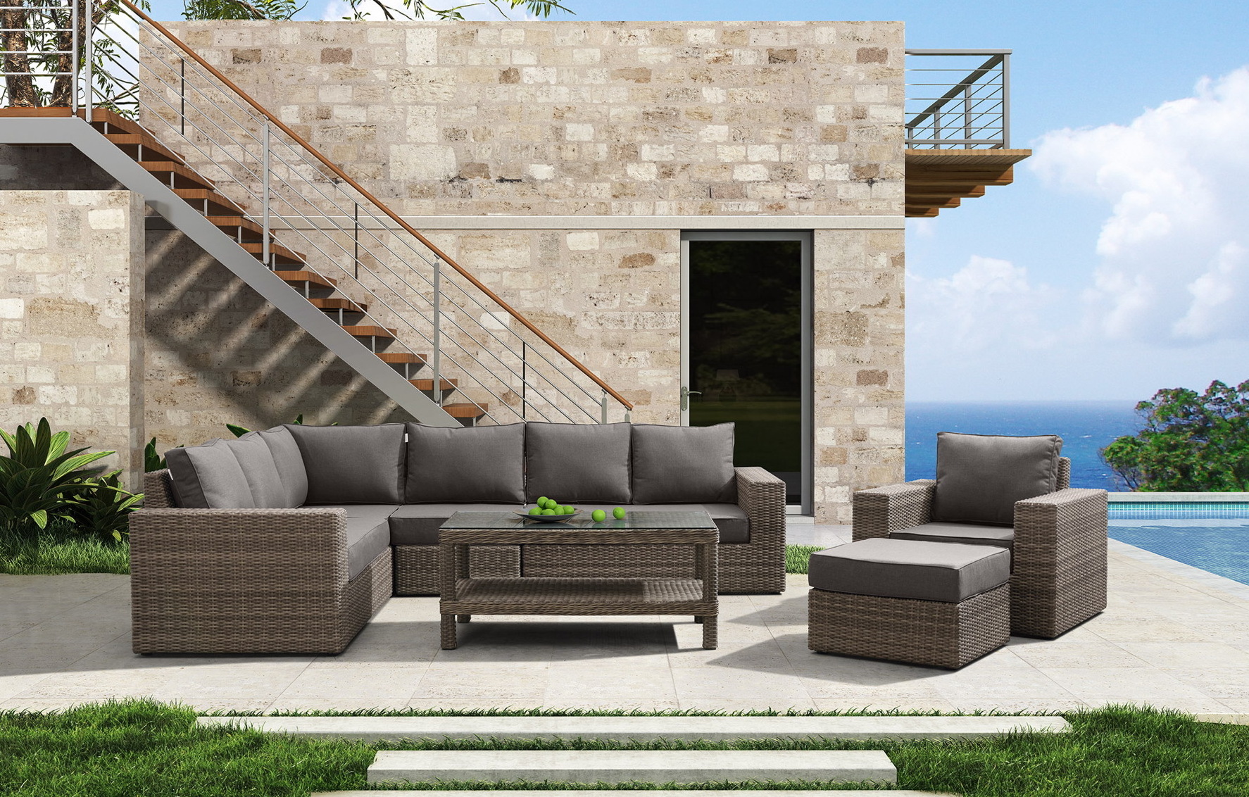 Outdoor And Indoor Patio Furniture Set Wicker Rattan Sectional Sofa Couch with Glass Coffee Table Cushion Red