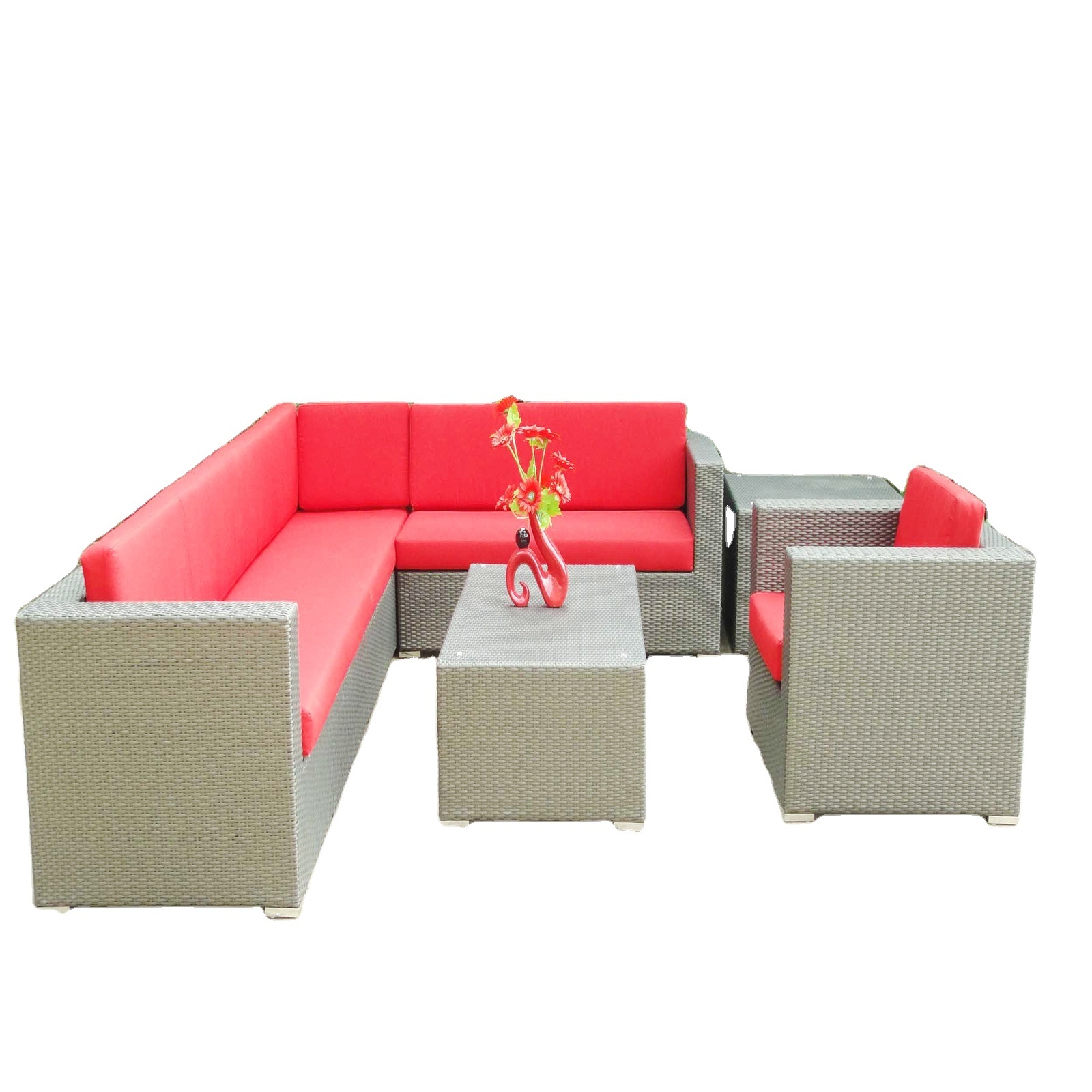 Outdoor And Indoor Patio Furniture Set Wicker Rattan Sectional Sofa Couch with Glass Coffee Table Cushion Red