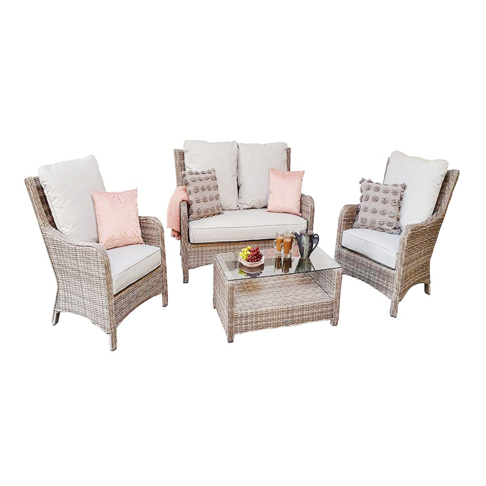 Gray Outdoor Patio Set - 4Piece Rattan Seating Combo Sofa, 2 Cushioned Chairs, and Table for Deck, Pool, or Porch Furniture