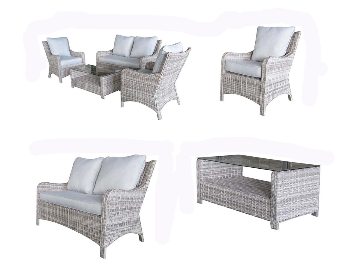 Gray Outdoor Patio Set - 4Piece Rattan Seating Combo Sofa, 2 Cushioned Chairs, and Table for Deck, Pool, or Porch Furniture