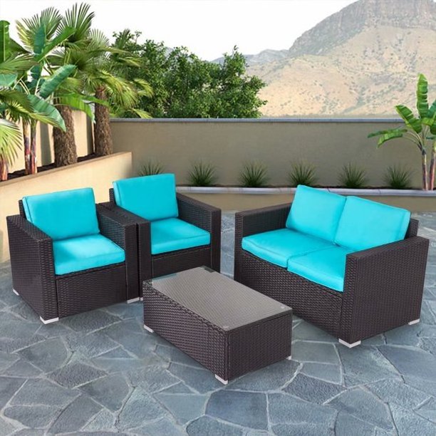 4 Piece Patio Set with Gray Back Pillows & Seat Cushions, Wicker Rattan Outdoor Garden Furniture Set with cushion