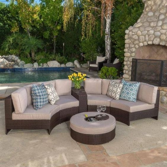 Patio Sectional Furniture Set Half-Moon Patio Set Grey Wicker Curved Outdoor Sofa with Grey Cushions & Round Glass Coffee Table