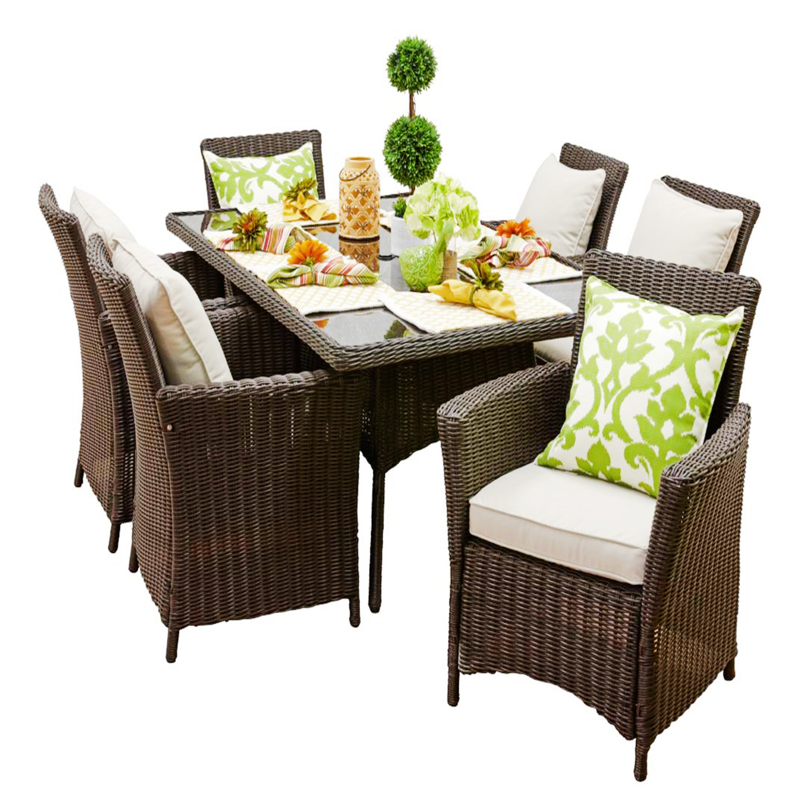 DL Furniture 7-Piece Patio Outdoor Dining Set, Wicker Patio Furniture Set of 6 Rattan Chairs with Soft Cushions