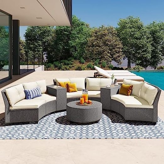 Patio Sectional Furniture Set Half-Moon Patio Set Grey Wicker Curved Outdoor Sofa with Grey Cushions & Round Glass Coffee Table