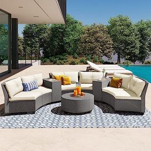 Patio Sectional Furniture Set Half-Moon Patio Set Grey Wicker Curved Outdoor Sofa with Grey Cushions & Round Glass Coffee Table