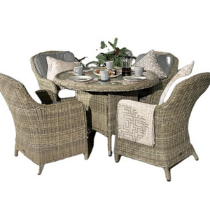 5-Piece Indoor Outdoor Wicker Patio Dining Table Furniture Set w/ Umbrella Cutout, 4 Chairs