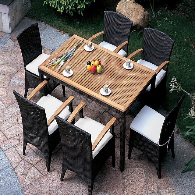 9 Piece Outdoor Dining Set Poly Rattan Acacia Wood Black High Back Chairs Patio Furniture Sets Space Saving Sectional Conversati