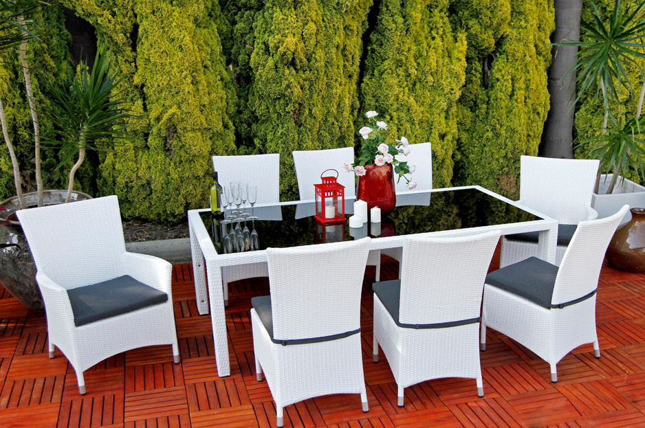 Garden Dining Set With Eight Chairs And One Table Glass Would Make A Great Addition To Any Modern Garden Or Patio